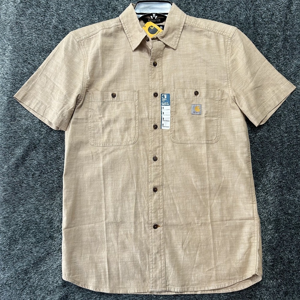 Carhartt Mens Size S Beige Rugged Flex Relaxed Fit Button Up Shirt